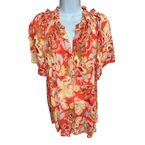 Democracy 2X Top Orange Blue Yellow Rayon Fancy Floral Pleats Flare Short Sleeve - Picture 1 of 5